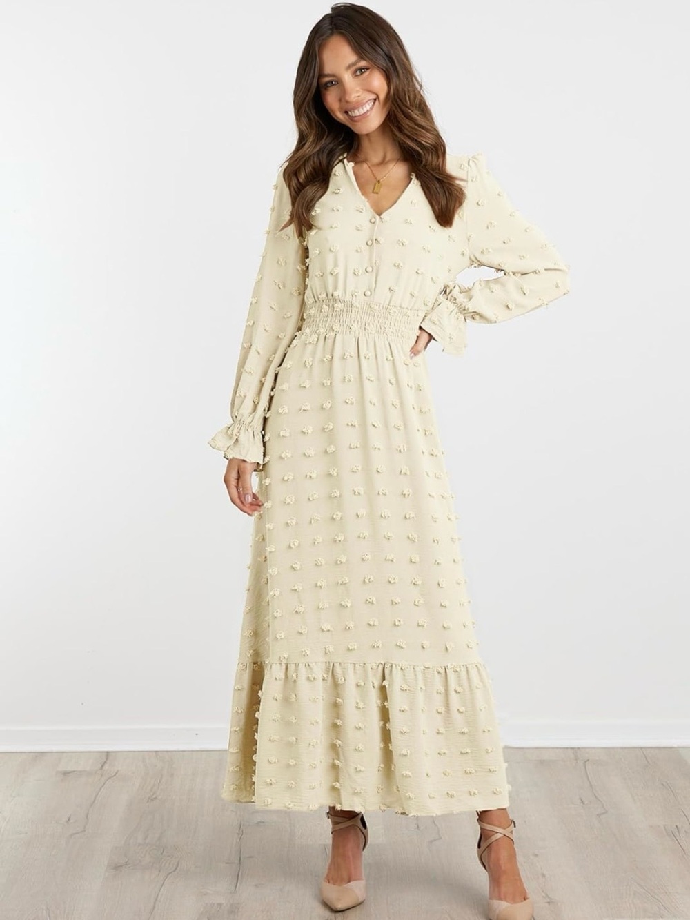 bohemian-style Swiss dot maxi dress.